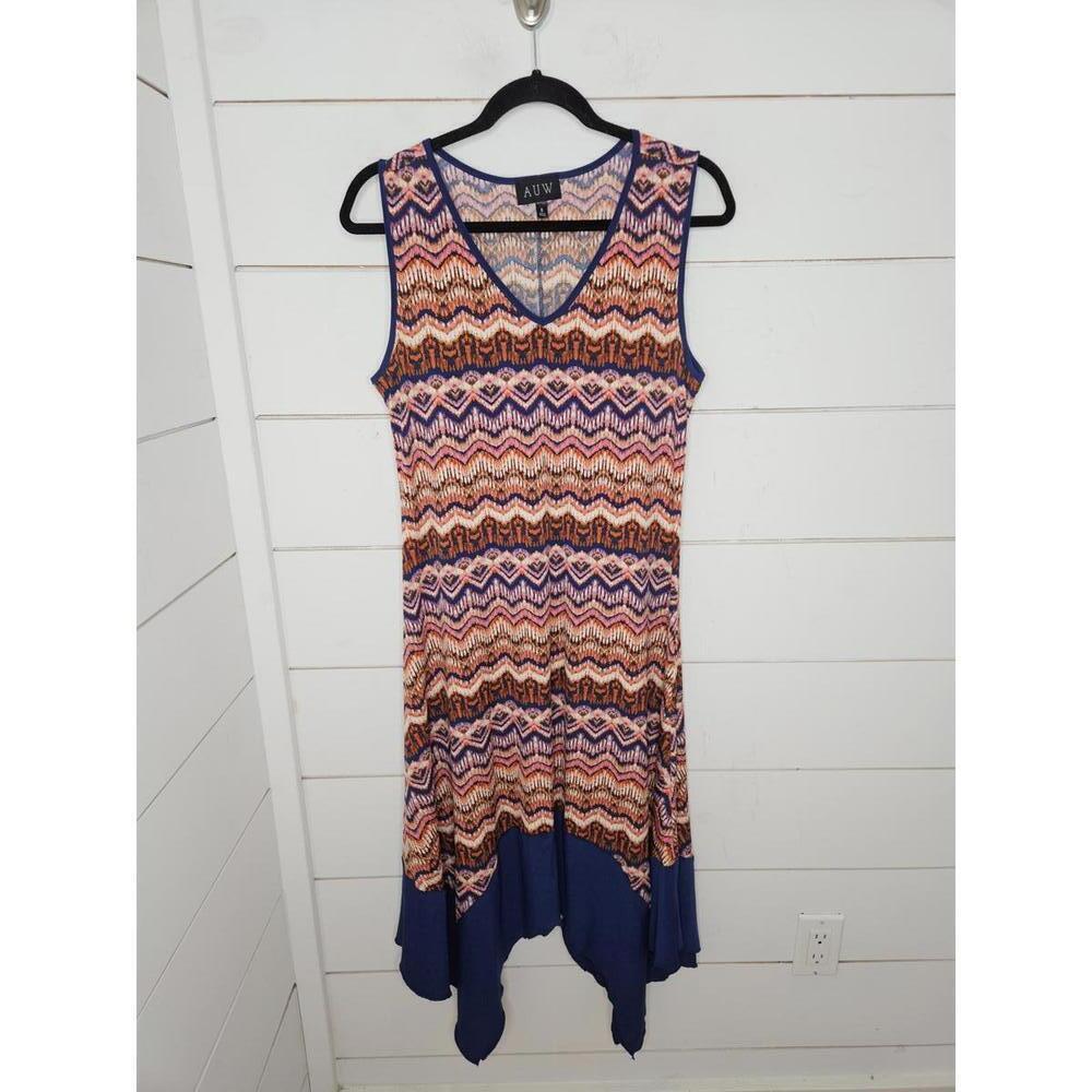 AUW size 8 orange blue & white printed midi dress with asymmetrical bottom